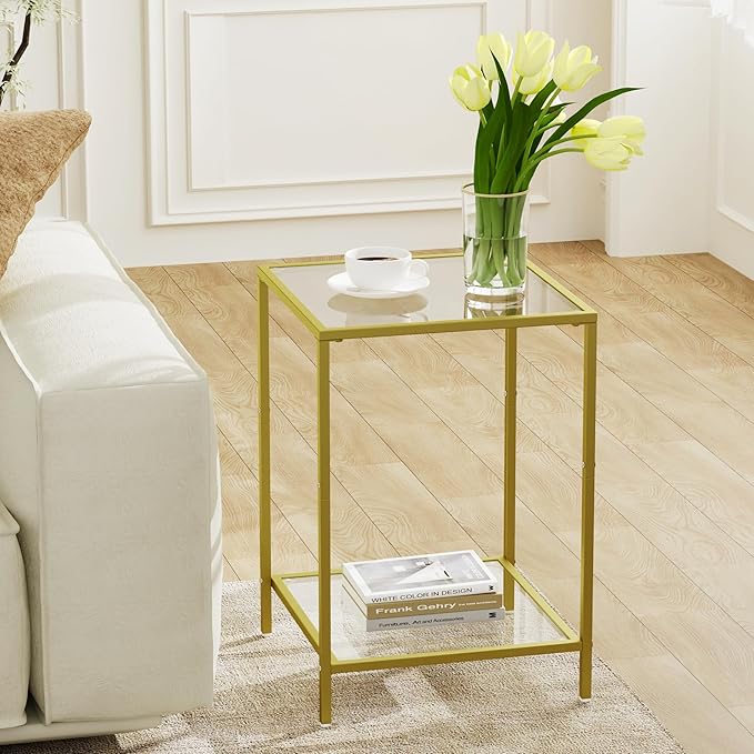 Side Tables Set of 2, End Table with Tempered Glass, 2-Tier Nightstands with Storage Shelves, Coffee Table with Modern Style, Square Sofa Table for Living Room, Bedroom, 15.7"D x 15.7"W, Golden