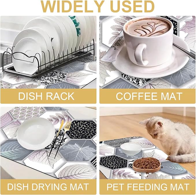 Hexagonal Printed Marble Dish Drying Mats Super Absorbent Dish Drainer Rack Pad Non-Slip Drying Mat for Kitchen Counter, 24"x16"