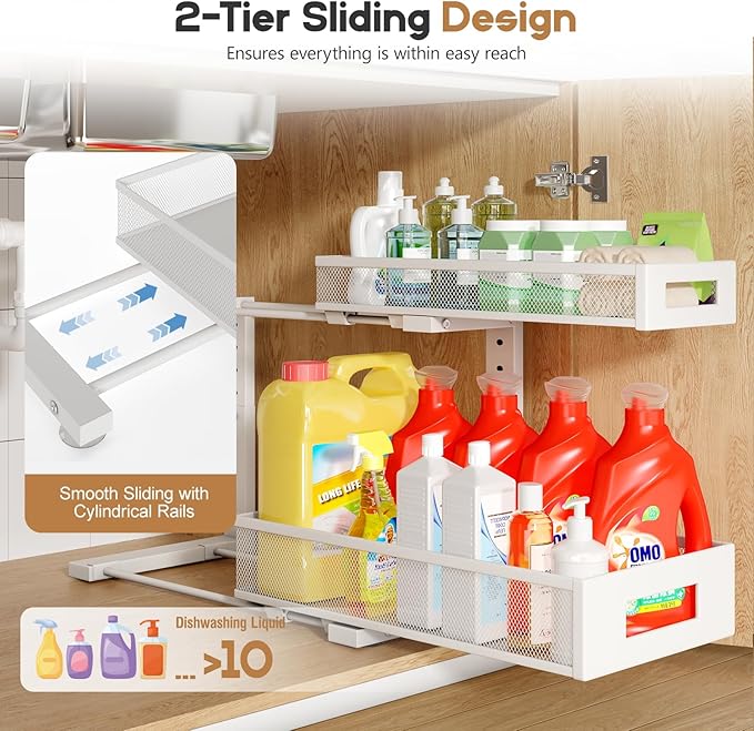 2 Pack 17IN Depth Under Sink Storage Organizer, Large 2-Tier Elegant Mesh Pull Out Shelf for Kitchen and Bathroom Cabinet Organization, L-Shaped and Adjustable Height Design-White-NeatNest
