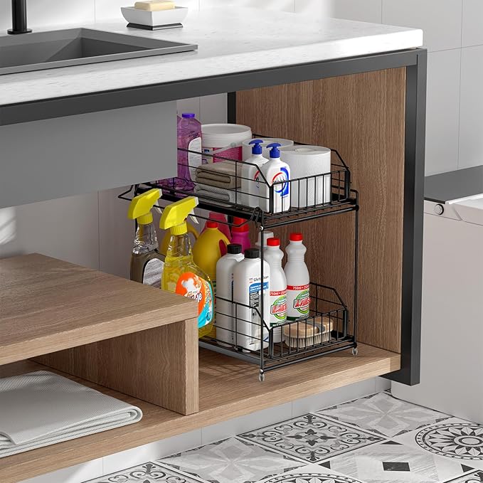 SUEH DESIGN Under Sink Organizers and Storage, 2 Tier Metal Under Sink Storage with Hanging Rail for Kitchen Bathroom Cabinet Organizer, 2 Pack-NeatNest