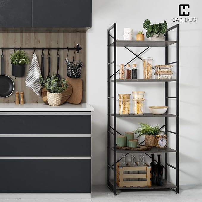 CAPHAUS 5 Tier Bookshelf, 24 Inch Width Free Standing Shelf, Bookcase Shelf Storage Organizer, Industrial Book Shelves for Home Office, Living Room, Kitchen, Dark Grey-NeatNest