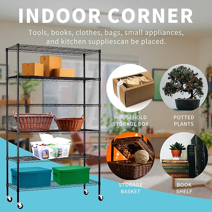 6-Tier Storage Shelf, Wire Shelving on Casters, NSF Height Adjustable Heavy Duty Metal Rack with Wheels for Office Bathroom Kitchen Garage Organization 2100 LBS Capacity-48 L×18" W×82" H-Black-NeatNest