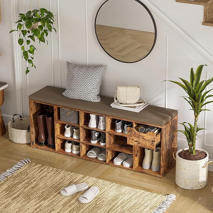 DINZI LVJ Shoe Bench, Entryway Storage Bench with Drawer and 14 Cubbies, Long Cubby Shoe Rack with Adjustable Shelves, Shoe Organizer for Living Room, Bedroom, Mudroom, Garage, Rustic Brown-NeatNest
