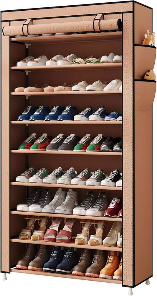 Laiensia 9-Tier Vertical Shoe Rack Organizer, Space Saving Shoe Storage Organizer, Non-Woven Cover Shoe Shelf Holds 36-45 Pairs for Bedroom, Hallway, Closet Entryway, Brown-NeatNest