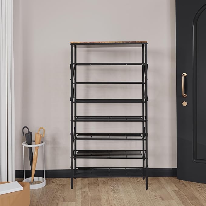 8-Tier Metal Shoe Rack for 32 Pairs, Heavy-Duty Shoe Organizer with Rustic Wooden Top, Space-Saving Entryway Shoe Storage for Closet, Garage, Hallway, Bedroom, Black & Rustic Brown-NeatNest