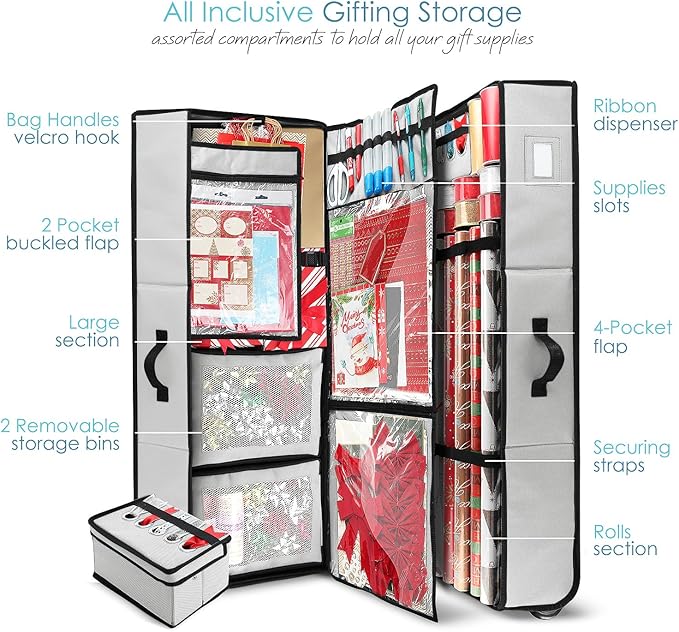 Hearth & Harbor Wrapping Paper Storage Container with Ribbon Dispenser and Interior Pockets - Large Christmas Storage Containers with Wheels, Fits 30 Rolls of 40" Length, Silver-NeatNest
