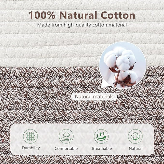 Cotton Rope Basket , Storage Baskets with Handle, 15x10x9 Inch Woven Basket for Shelves, Laundry, Towels, Clothes, Books, Toys (White Brown 1 Pack)-NeatNest