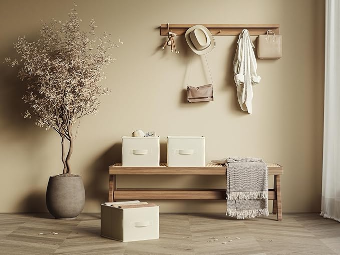 3 Pack Fabric Storage Bins for Shelves | 11.5x8.75x6.5in Storage Baskets | Fabric Closet Organizers and Storage Bins with Handles Home Organization| Linen Clothes Bins | White & Ivory-NeatNest