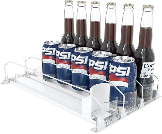 3 Rows Drink Organizer for Fridge, 15'' Soda Can Dispenser for Refrigerator with Pusher Glide, Width Adjustable Fridge Can Organization Hold Up to 25 Cans (White)