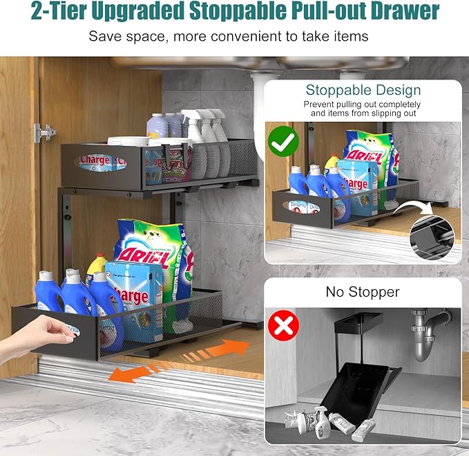 1 Pack Under Sink Organizer, 2 Tier Metal Pull Out Under Sink Storage with Sliding Mesh Drawers, Height Adjustable Slide Out Under Sink Organizer for Kitchen Bathroom Cabinet, Black-NeatNest