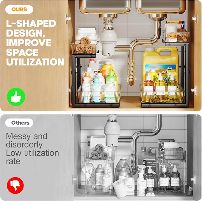 2 Pack Under Sink Organizer, 2-Tier Pull Out Cabinet Organizer, Elegant Acrylic Under Sink Storage Shelf for Kitchen Bathroom Cabinet, L-Shaped Adjustable Height for Maximum Space Efficiency-Black-NeatNest