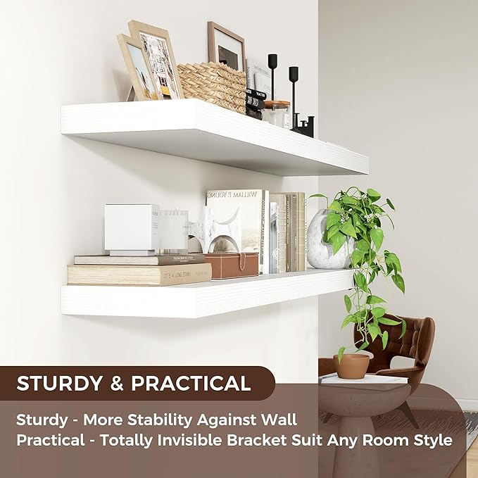 Floating Shelves for Wall, 47.24"W x 9.25"D x 1.5"H, 2 Pack of Long Wall Mounted Engineered Wood Shelves with Invisible Brackets for Living Room, Bedroom, Bathroom, Kitchen Decor and Storage, White-NeatNest