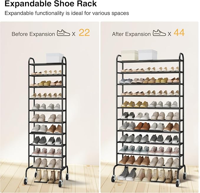 STO STO Expandable Shoe Rack, 10-Tier Metal Tall Shoe Rack for Garage, Up to 44 Pairs Adjustable Shoe Rack Storage for Front Door Entrance, Free Standing Shoe Rack Organizer for Entryway, Black-NeatNest