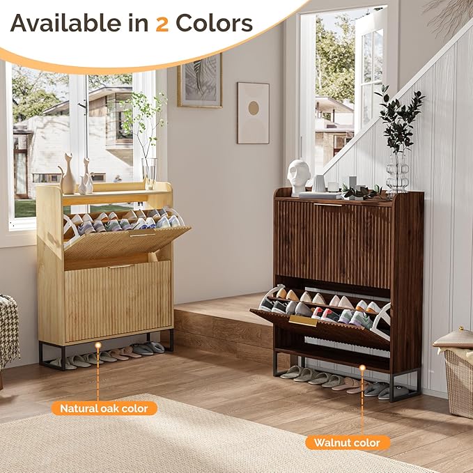 VINGLI Fluted Shoe Cabinet Storage for Entryway,Hidden Shoes Storage Cabinet with 2 Flip Drawers, Mid Century Modern Shoe Rack Organizer,Free Standing Shoes Organizer for Hallway(Dark Walnut)-NeatNest