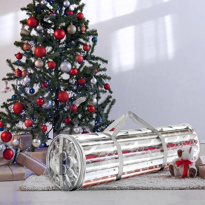 Hearth & Harbor Wrapping Paper Storage Container - Clear Wrapping Paper Holder Fits Up To 14 Rolls of 40" - Tear Proof Gift Wrap Organizer - Premium Bag for Easy Carrying, Silver-NeatNest