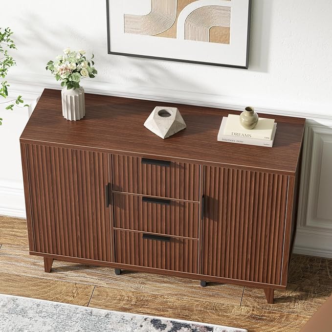 47.2" W Storage Cabinet with 3 Drawers, Fluted Buffet Cabinet with Storage, Large Sideboard with 2 Door, Modern Mid Century TV Stand Coffee Bar Cabinets for Living Room, Kitchen, Entryway