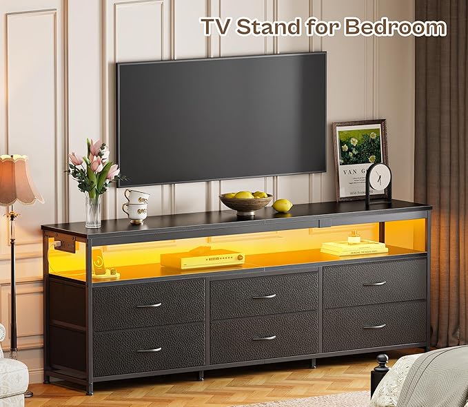 Huuger 63 Inch TV Stand for 55, 65, 70 Inch TV, Long Dresser TV Stand for Bedroom, Black LED TV Stand with Power Outlets, Fabric Drawer Dresser with Storage, Entertainment Center for Living Room-NeatNest