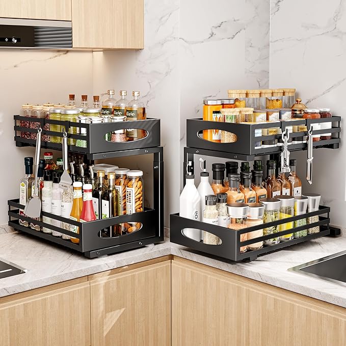 Under Sink Organizer, 2 Tier Under Sink Organizers and Storage, Adjustable Height, Slide Out Metal Cabinet Organizers, Pull Out Cabinet Storage Drawer Shelf for Kitchen Bathroom Black, 2 Pack-NeatNest