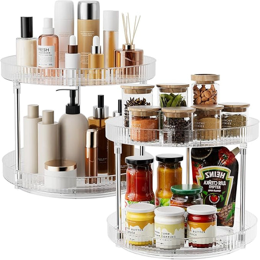 2 Tier Lazy Susan Organizer, 2 Pack Rotating Clear Lazy Susan for Table Top, Seasoning Organizer, Makeup and Perfume Organizer for Vanity, Counter Organizer Tray for Kitchen, Bathroom-NeatNest