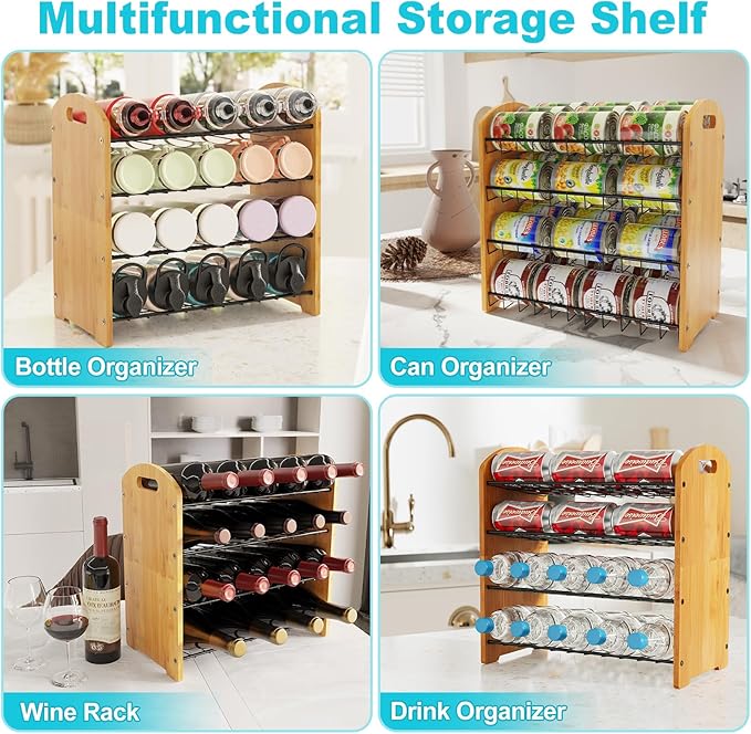 4 Tier Water Bottle Organizer, Stackable Bamboo Water Bottle Holder, Water Bottle Storage Rack Tumbler Travel Mug Cup Organizer for Kitchen Cabinet Countertop Pantry (Black)-NeatNest