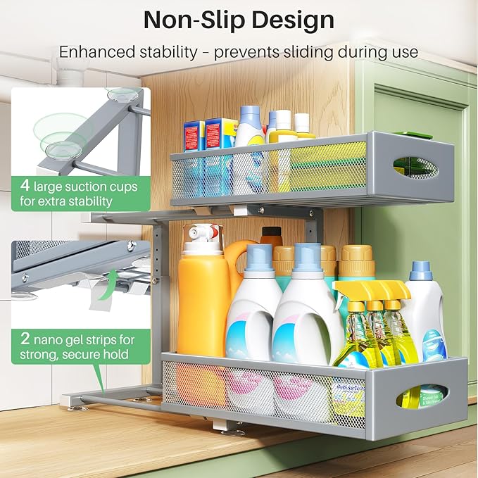 Under Sink Organizer, 2 Pack 2 Tier Pull out Cabinet Organizer Baskets with Mesh Sliding Drawers, Slide out Sink Storage Shelves for Home, Kitchen, Bathroom, Pantry, Office Organizers and Storag,Grey-NeatNest