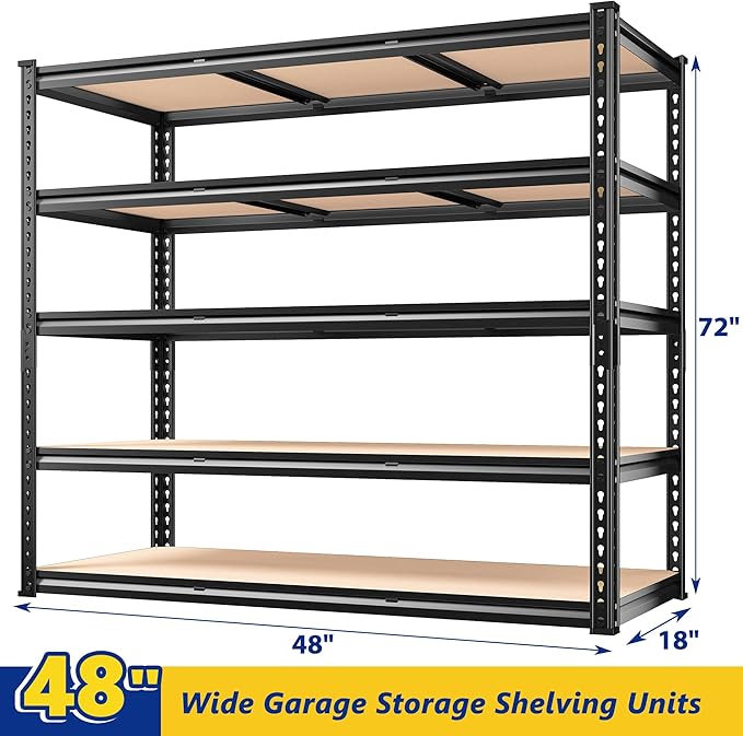 REIBII 48" W Garage Shelving Heavy Duty, 3000LBS Storage Shelves, 5-Tier Adjustable Metal Shelving, Garage Shelves Sturdy Industrial Shelf, Easy Assemble, 72" H x 48" W x 18" D-NeatNest