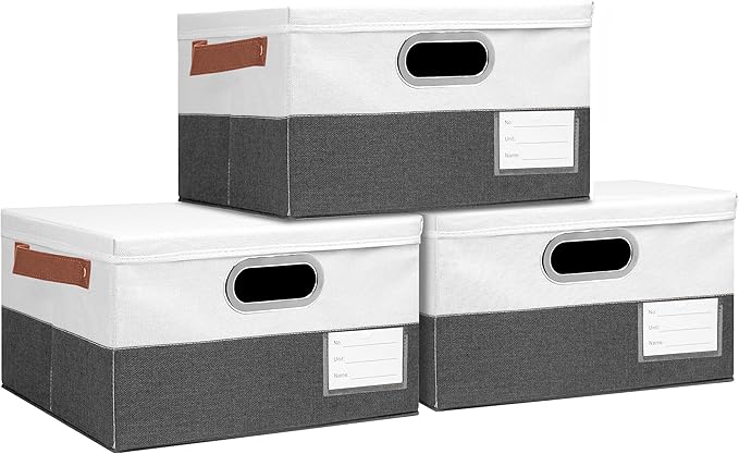 Foldable Fabric Storage Boxes with Lids, Collapsible Versatile Bins Baskets Cubes with Handles for Easy Organization in Closet, Living Room, and Bedroom (Grey & White, 3PCS/11.4 * 8.6 * 6.7in)-NeatNest