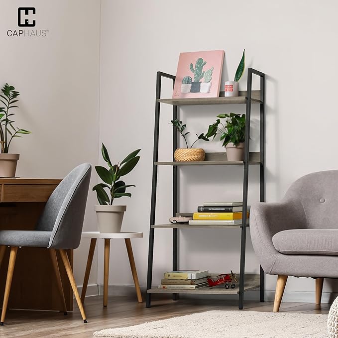 CAPHAUS 4 Tier Ladder Bookshelf, 24 Inch Width Free Standing Shelf, Bookcase Shelf Storage Rack Organizer, Industrial Book Shelves for Home Office, Living Room, Kitchen, Dark Grey Wooden Shelves-NeatNest