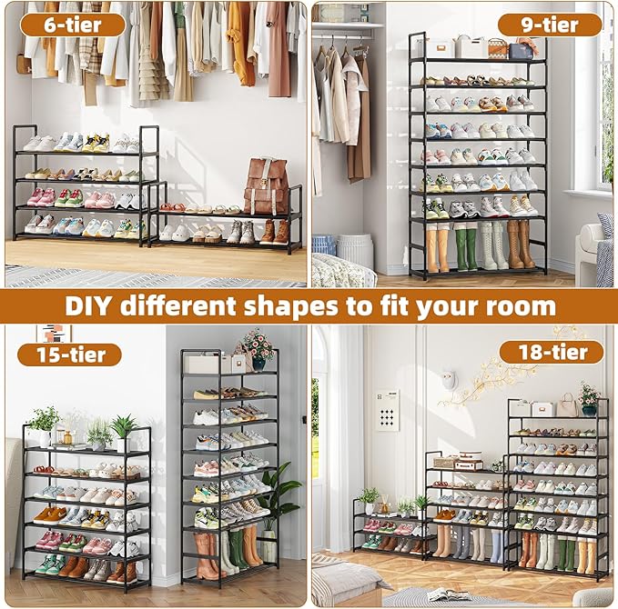 Simple Trending Shoe Rack, 3-Tier Shoe Organizer, Metal Storage Shelf, for 16-20 Pairs, Stackable, for Entryway, 11.75 x 36.5 x 21.5 Inches, Black-NeatNest