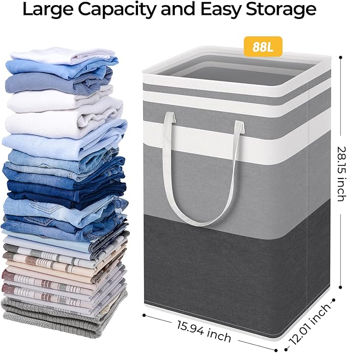 HomeHacks 2 Pack Large Laundry Baskets, Waterproof, Freestanding Laundry Hampers, Collapsible Clothes Hamper with Reinforced Handles in Laundry, College Dorm, Bathroom, Bedroom (Grey+Blue, 88Lx2)-NeatNest