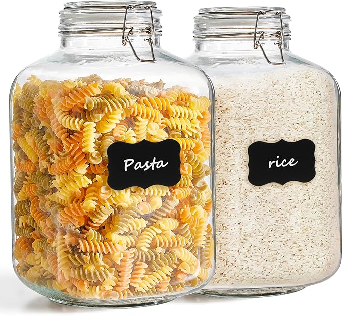 ComSaf Rice Container 152oz, Flour Sugar Storage Containers, Glass Jars with Airtight Lid, 1.17 Gallon Mason Jar, Large Storage Containers with Lids for Pickled Egg, Pasta, Cereal, Beans, Set of 2-NeatNest