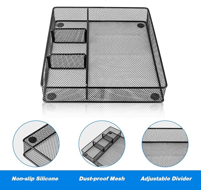 Desk Drawer Organizer Tray, Metal Mesh Drawer Organizers Office, 4 Grid with Adjustable Compartment, Desk Organizer Tray for Home Office 12x10.6x1.9 inch Black, 2 Pack-NeatNest