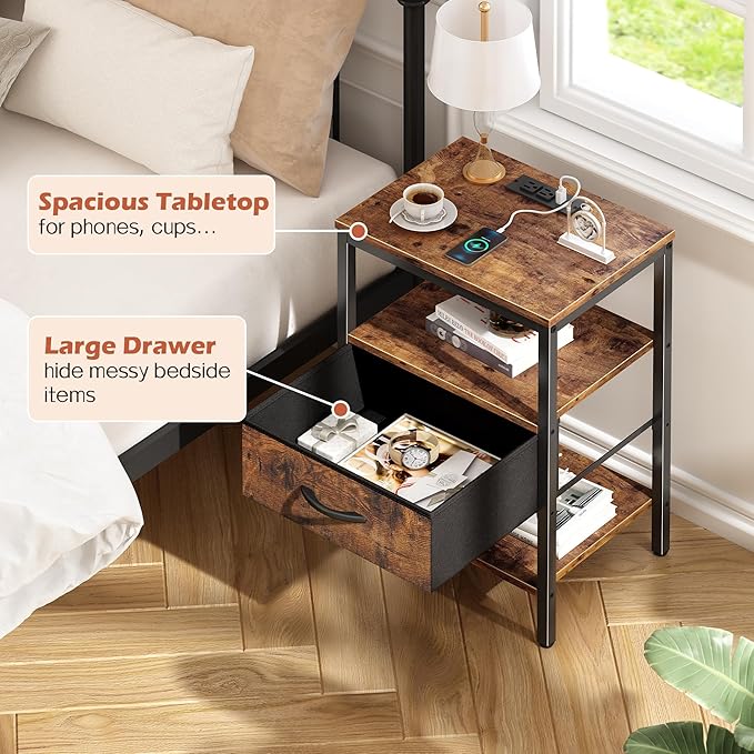 SUPERJARE Nightstand Set of 2, Bed Side Tables with Charging Station, Adjustable Fabric Drawer, Night Stand for Bedroom, 3-Tier Storage End Tables, for Living Room, Rustic Brown