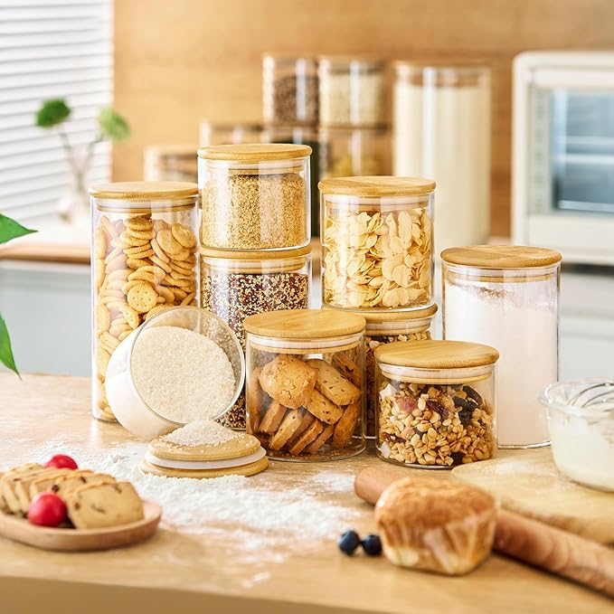17oz - 4 Pack Glass Jars with Bamboo Lids, Glass Food Storage Containers with Airtight Lids, Air Tight Pantry Storage Containers for Coffee, Sugar, Spice, Meal Prep Jars for Salad & Fruit-NeatNest