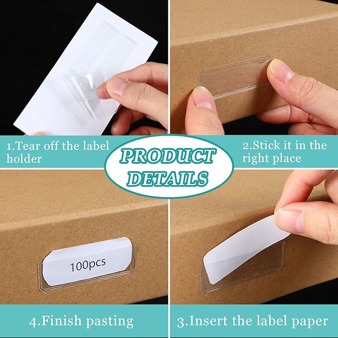 Jeyiour 100 Pcs Label Holders Adhesive Nameplate Pockets Storage Bin Labels Index Card Holder Shelf Plastic Peel Stick for Classroom Supermarket Bookshelf Library Student Box Drawer (2 x 0.6 Inch)
