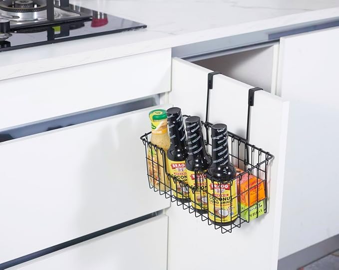 Wire Storage Basket 2 Packs, Wall Mounted Kitchen Bathroom, Hanging Cabinet Door Storage Basket, no Drilling, Supporting 2 Types of Hooks, Strong Bearing, Suitable for Home, Black