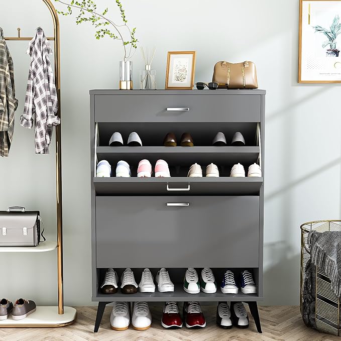 AWQM Shoe Storage Cabinet for Entryway, Free Standing Shoe Organizer with 2 Flip Drawers,Hidden Shoe Rack Storage Organizer for Doorway Hallway (Grey)-NeatNest