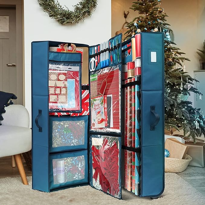 Hearth & Harbor Wrapping Paper Storage Container with Ribbon Dispenser and Interior Pockets - Large Christmas Storage Containers with Wheels, Fits 30 Rolls of 40" Length, Blue-NeatNest