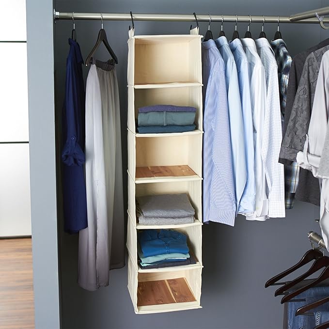 Household Essentials Cedarline 6-Shelf Hanging Closet Organizer, Heavy-Duty Cotton Canvas, Breathable, Versatile, Compact, Perfect for Rod or Wire Closets, Natural-NeatNest