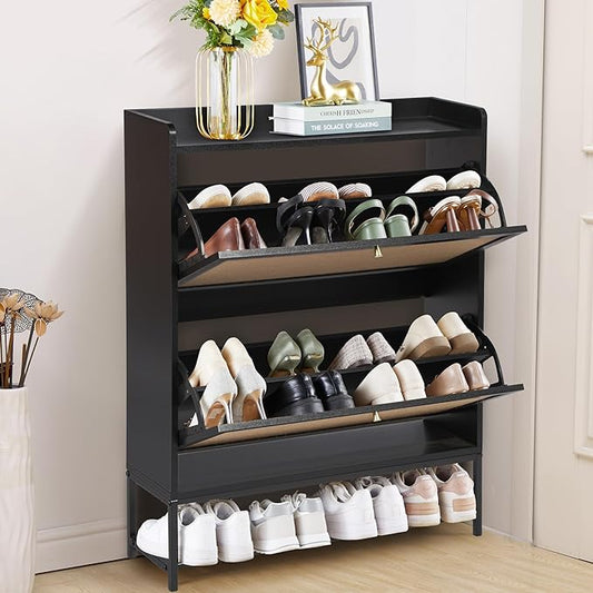 LEVNARY Shoe Storage Cabinet with 2 Flip Drawers, Wooden Narrow Shoe Cabinet Storage for Entryway, Freestanding Shoe Rack Organizer Cabinet with Metal Legs for Hallway (1, Black)-NeatNest