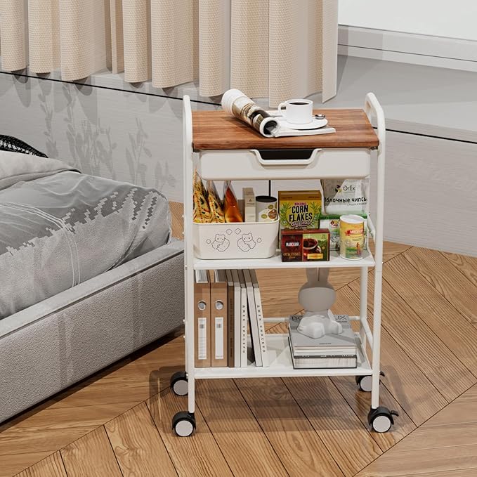 3 Tier Rolling Cart with Drawer, Metal Rolling Storage Cart with Table Top, Modern Utility Cart on Wheels Kitchen Cart Storage Organizer for Bathroom Office Living Room, White-NeatNest