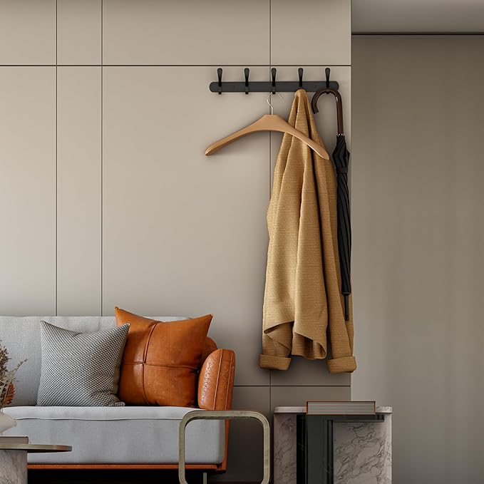 Black Coat Rack Wall Mounted - 16 Inch Heavy Duty Stainless Steel Matte Finish Wall Hook Rack - 5 Double Coat Hooks for Hanging Towels, Bags, Hat - Bathroom Entryway - 2 Pack-NeatNest