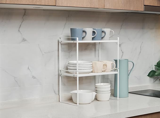 2Pack Kitchen Cabinet Shelf Counter Organizer Rack Pantry Storage Bathroom Bedroom Office Table Desk Space Saving Stackable Rust Resistant Non Slip White Tall Wide L16.1in W10.6in H9.5in-NeatNest
