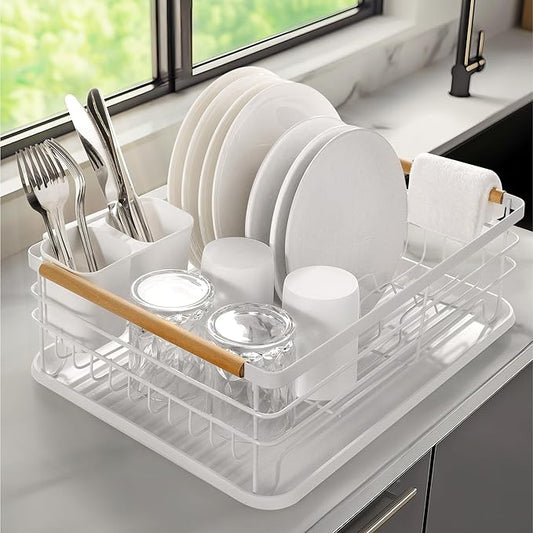 Navaris Dish Drainer Rack - Plate, Silverware, Pots and Pans - Dish Rack with Beechwood Handles - Metal Dish Drying Rack for Kitchen Counter - Modern Retro Design Dish Rack - White