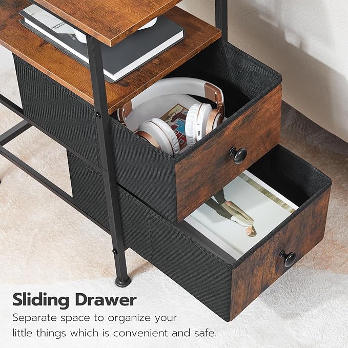 HOOBRO Narrow Side Table with LED Light and USB C Port, Night Stand with Charging Station, Skinny End Table with 2 Fabric Drawers, for Bedroom, Living Room, Rustic Brown and Black BF486UDBZ01