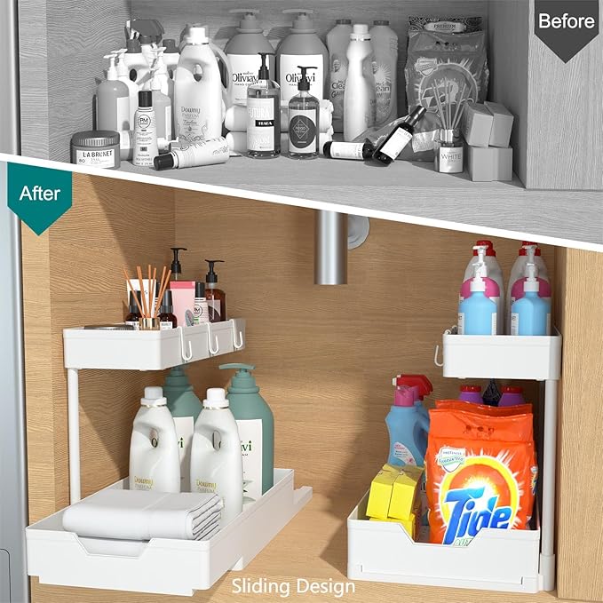 2-Tier Under Sink Organizers and Storage 2 Pack Sliding L-shape Under Cabinet Organizers For Narrow Space Multi-purpose Sink Organizer for Bathroom Kitchen Drawer(White 2 Pack)-NeatNest
