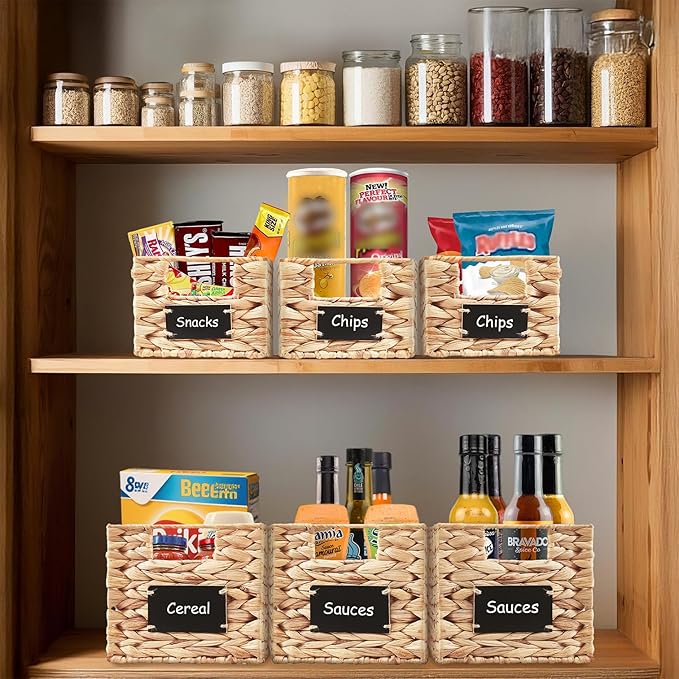 DECOMOMO Wicker Storage Baskets, Handwoven Pantry Baskets, Water Hyacinth Storage Baskets w/Chalkboard and Marker (Natural, Set of 2)-NeatNest