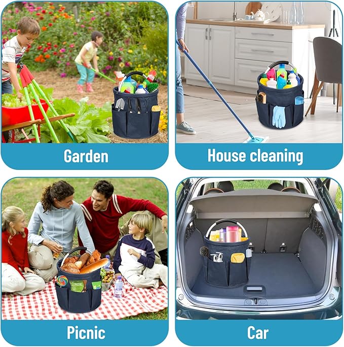 Qivine 17L Cleaning Caddy with Handle, Cleaning Supply Caddy Foldable Tool Bag Cleaning Products Organizers Portable Cleaning Bucket Organiser for Storing Towels(Blue)