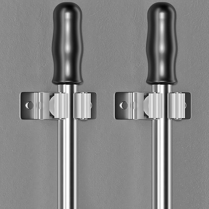 Self Adhesive Broom and Mop Holder Wall Mounted – SUS304 Stainless Steel 2-Slot Organizer with Anti-Slip Rubber Grips, 25lb Load, Adjustable for 0.6–1.4" Handles, Garage Kitchen Bathroom Use, 3 Pack-NeatNest