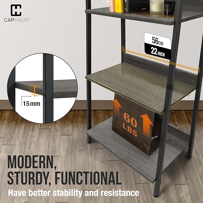 CAPHAUS 5 Tier Ladder Bookshelf, 24 Inch Width Free Standing Shelf, Bookcase Shelf Storage Rack Organizer, Industrial Book Shelves for Home Office, Living Room, Kitchen, Dark Grey, Vintage Shelves-NeatNest